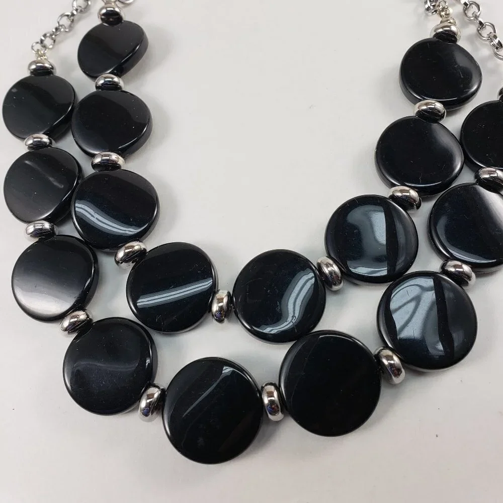 Elegant Black Beaded Necklace & Earrings Set – Layered Silver Statement Jewelry